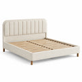 Lit double en bois avec tête de lit rembourrée en tissu crème