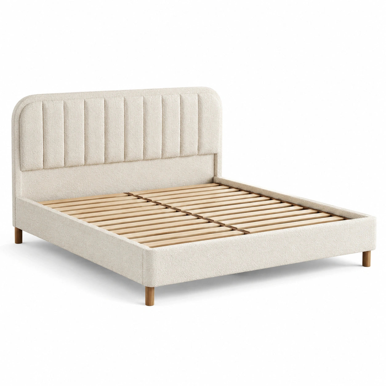 Lit double en bois avec tête de lit rembourrée en tissu crème