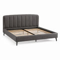 Lit en tissu gris avec tête de lit et sommier à lattes en bouleau