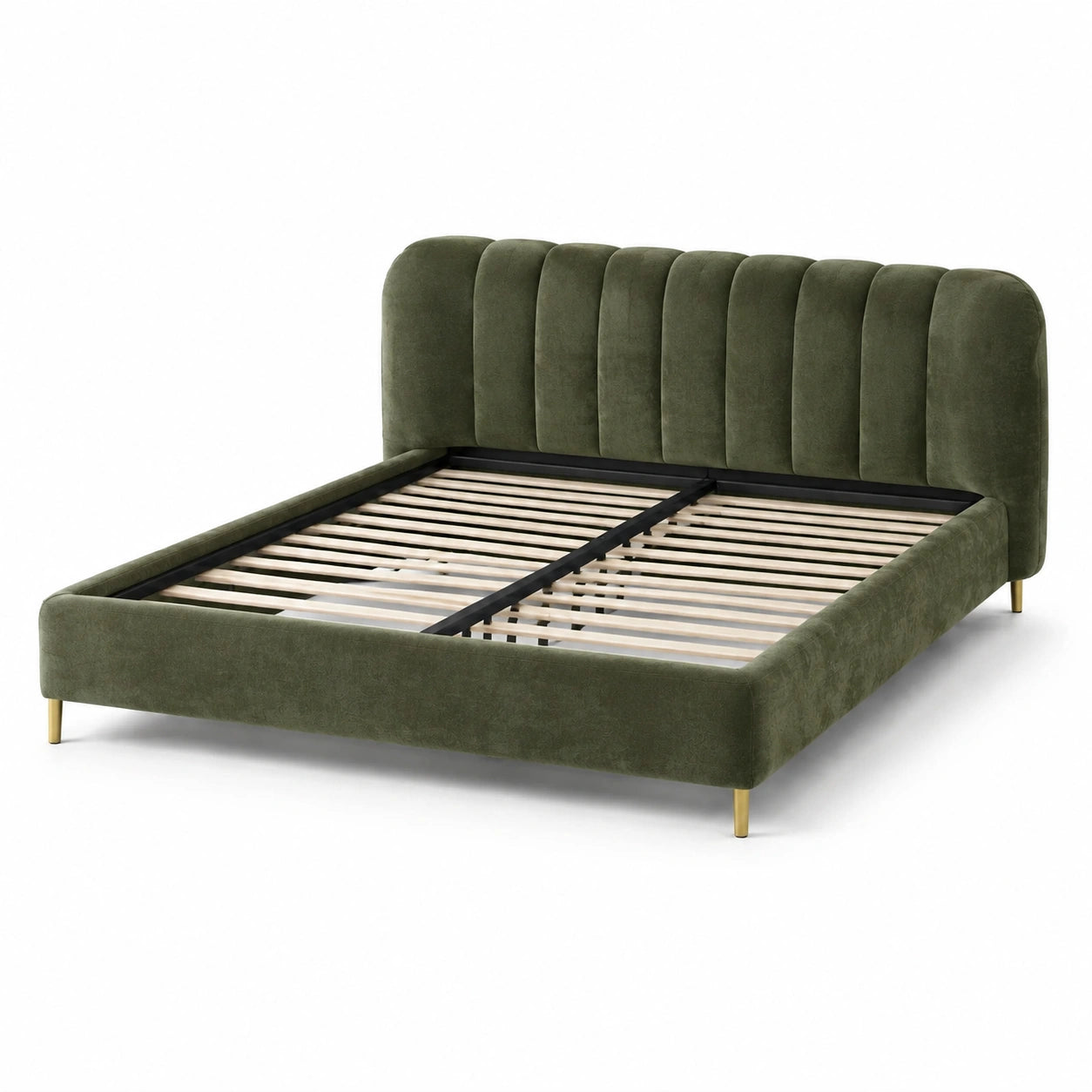 Lit en velours vert avec pieds en métal doré