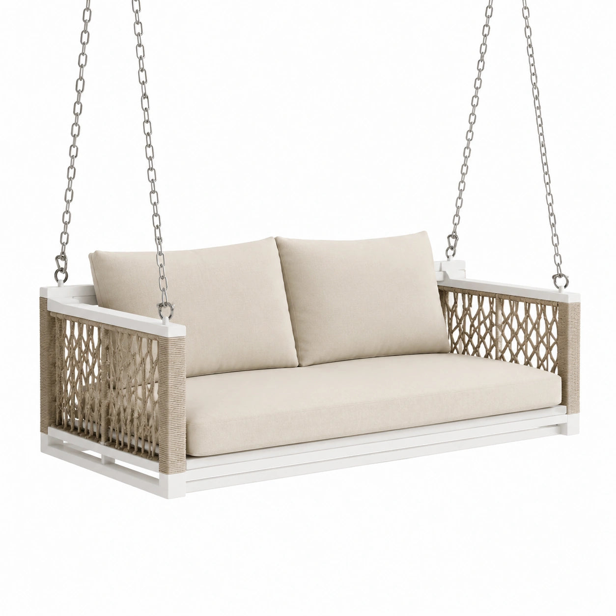 Balancelle suspendue en bois et corde avec coussins en polyester beige