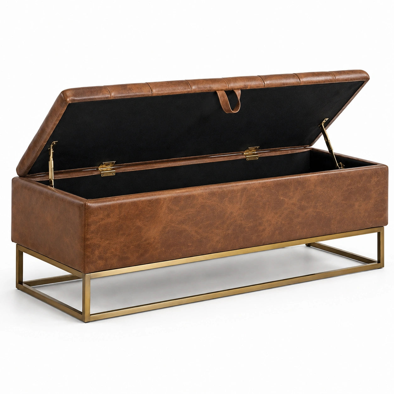 Banc de rangement en cuir synthétique marron avec cadre en métal