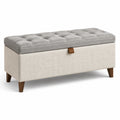 Banc de rangement en bois avec couvercle capitonné en tissu gris et beige