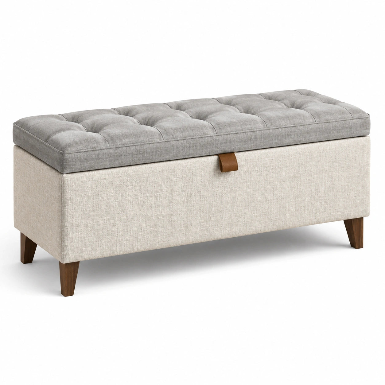 Banc de rangement en bois avec couvercle capitonné en tissu gris et beige