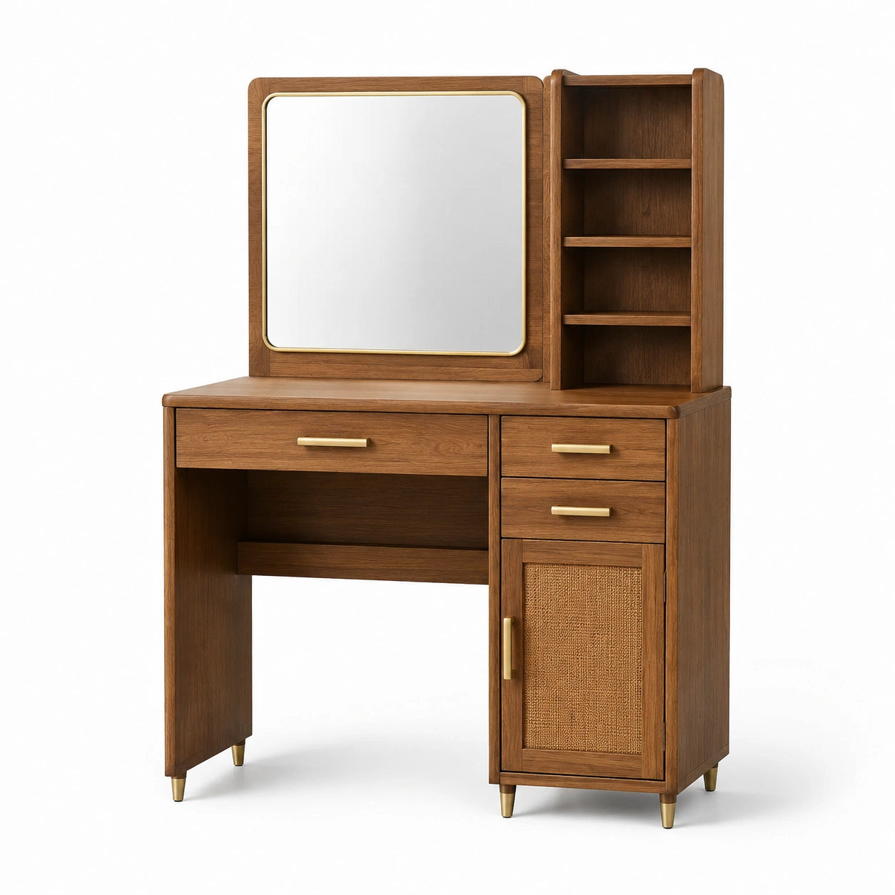 Coiffeuse en bois avec miroir et étagères en laiton