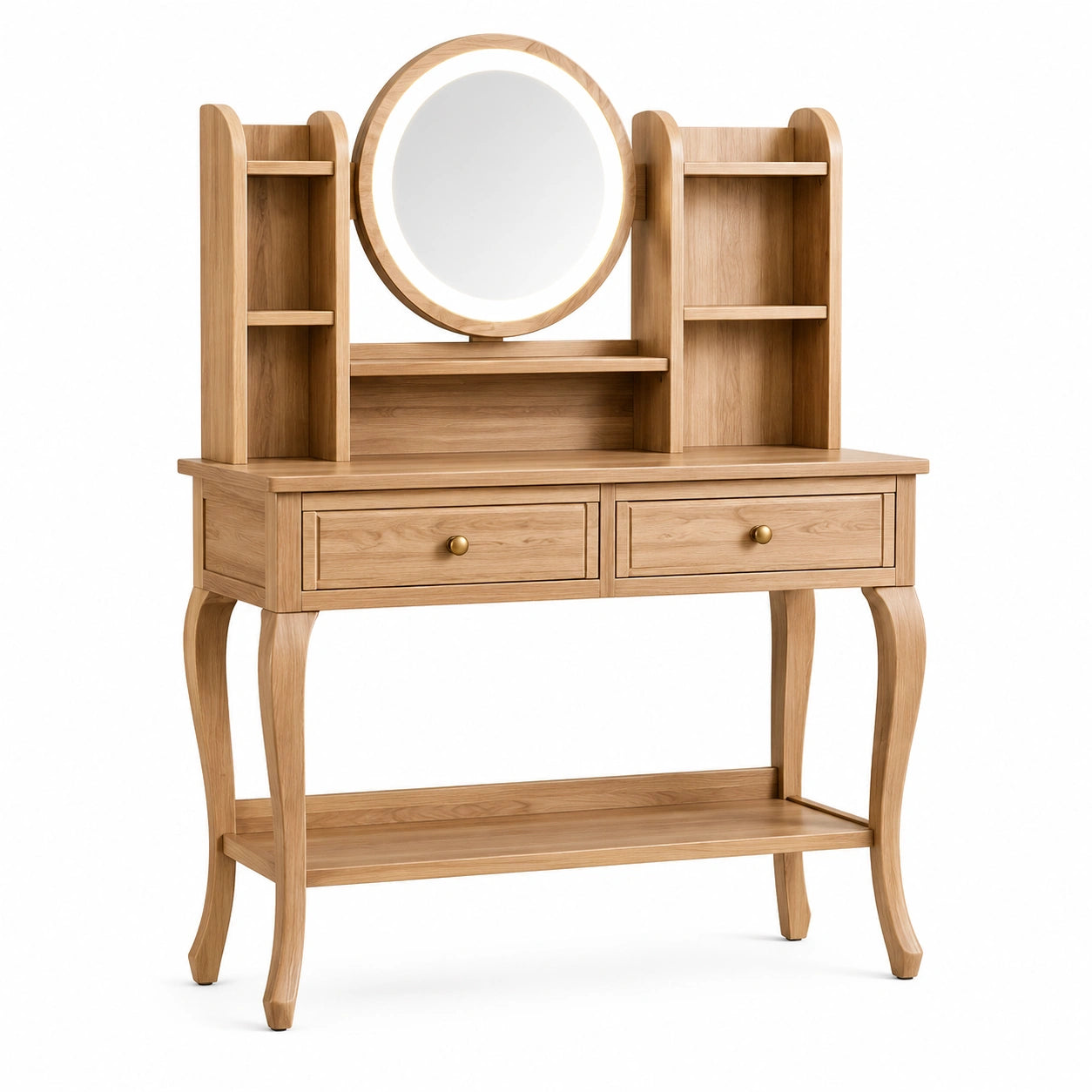 Coiffeuse en bois de chêne avec miroir rond et étagères