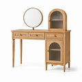 Coiffeuse en bois avec miroir rond et portes en verre texturé