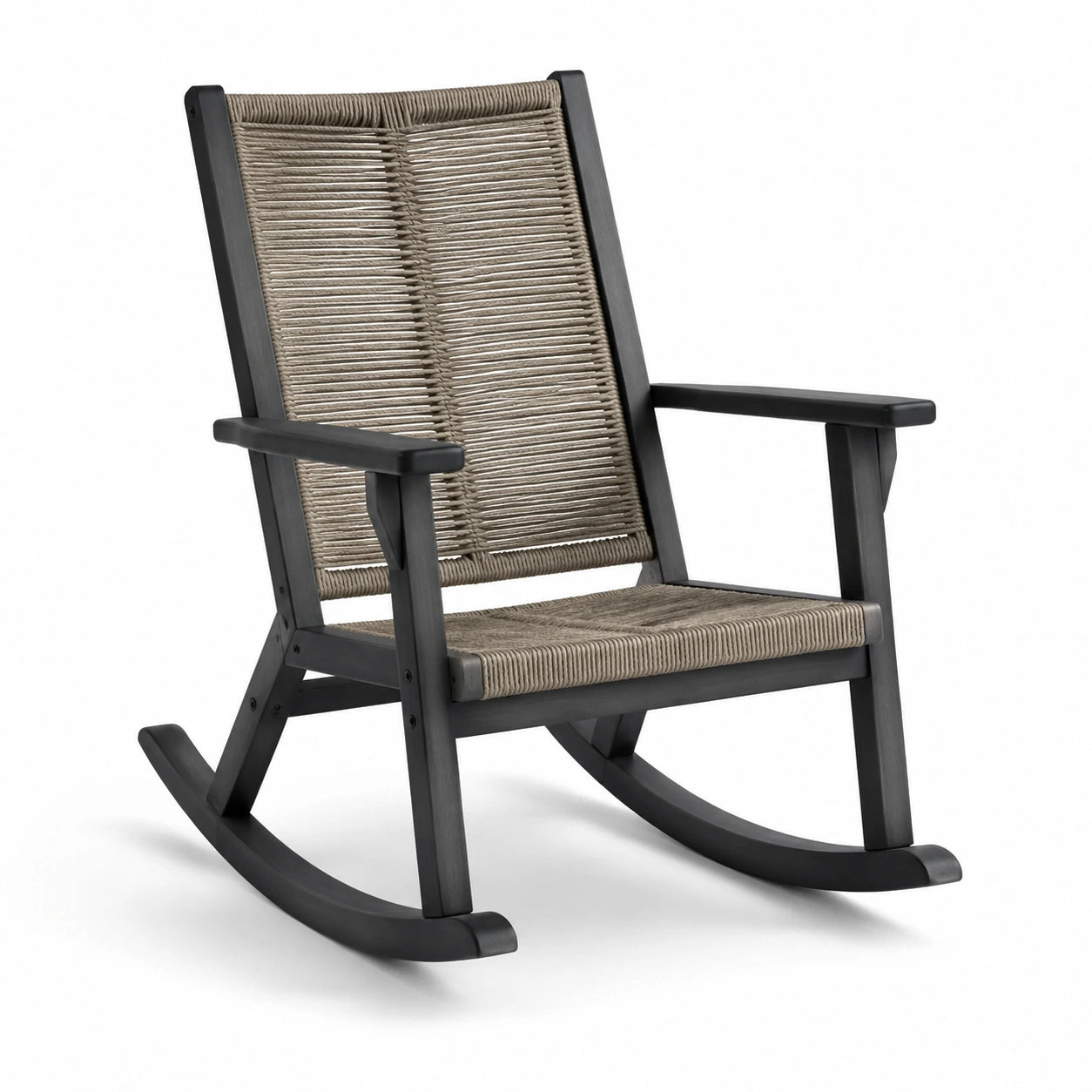 Fauteuil à bascule en bois noir et corde tissée
