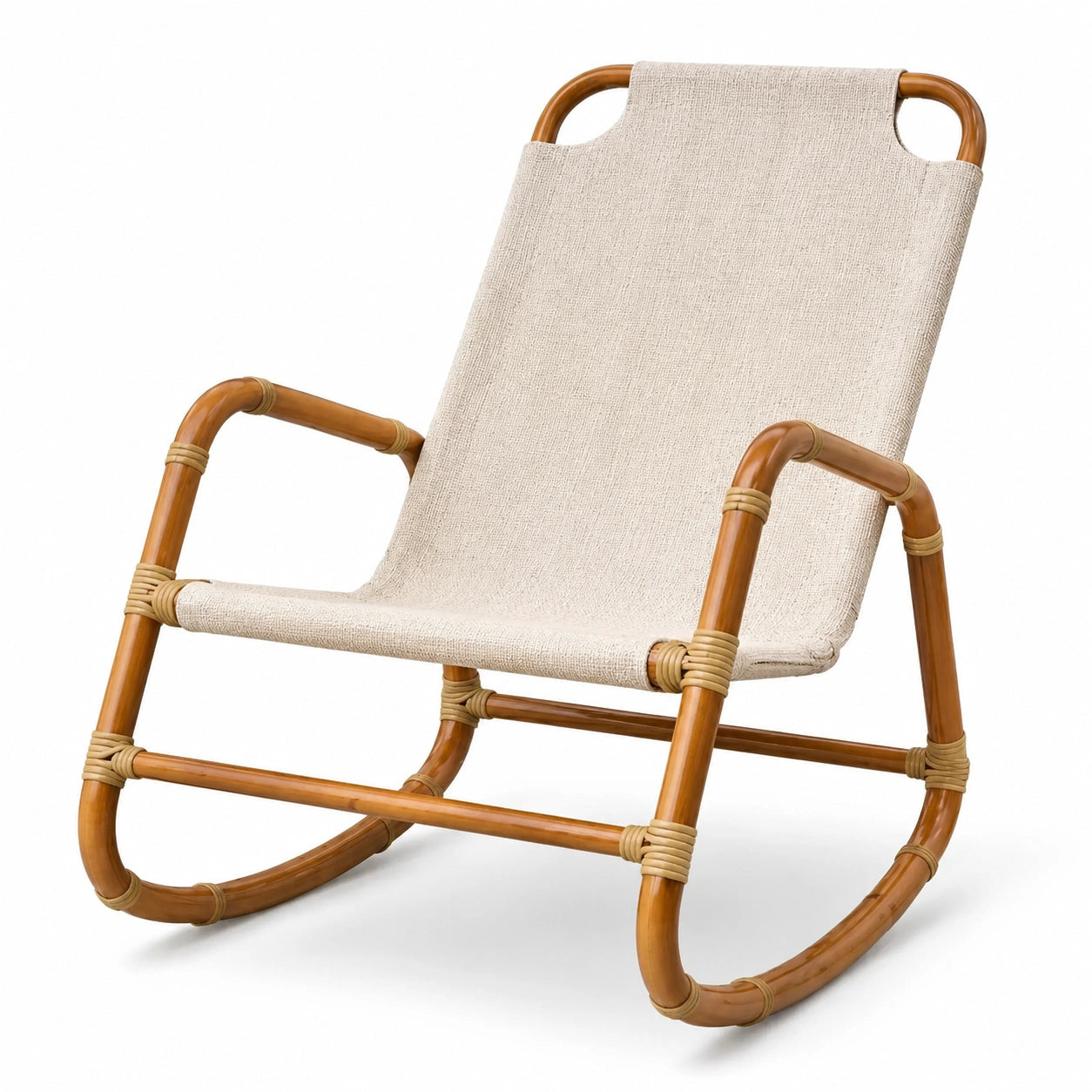Chaise à bascule en bambou et lin beige 75x60x85 cm