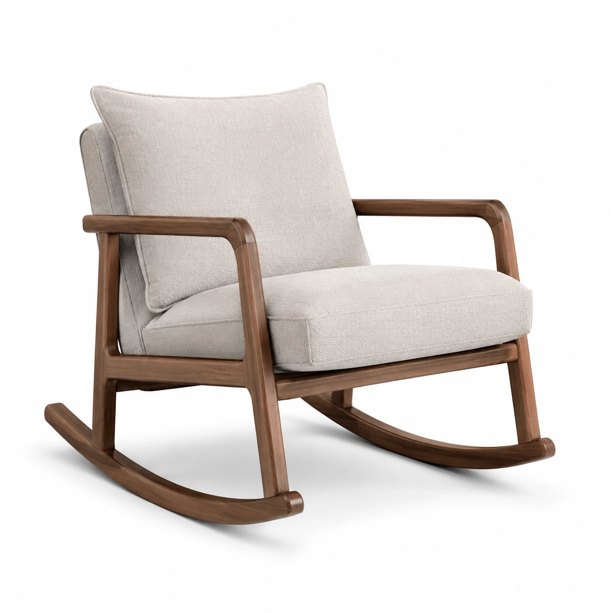 Fauteuil à bascule en bois de noyer et tissu beige