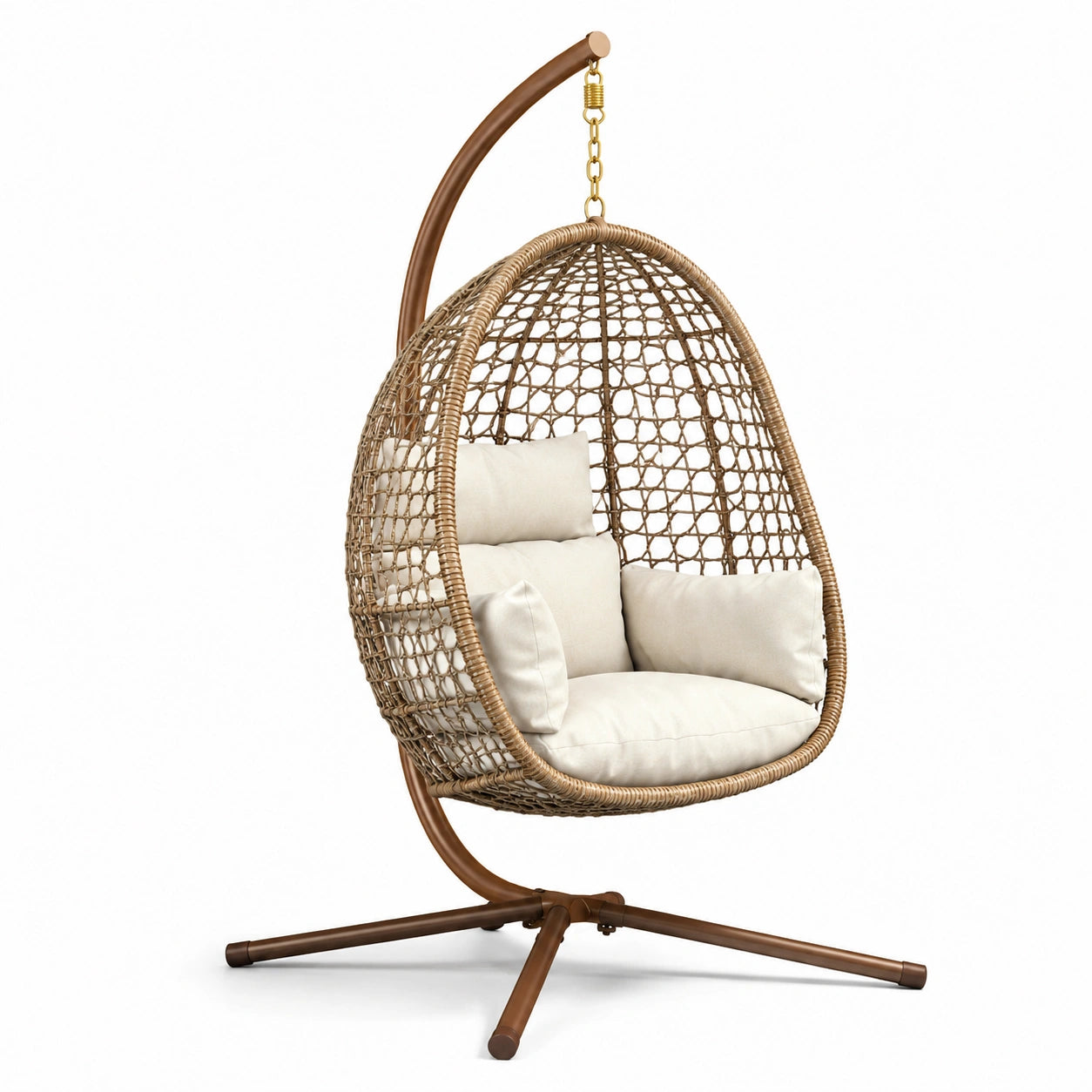 Chaise suspendue en rotin synthétique avec support en métal et coussins beiges