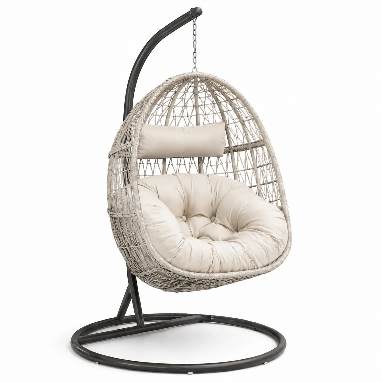Fauteuil suspendu en rotin synthétique beige avec coussins et structure en acier