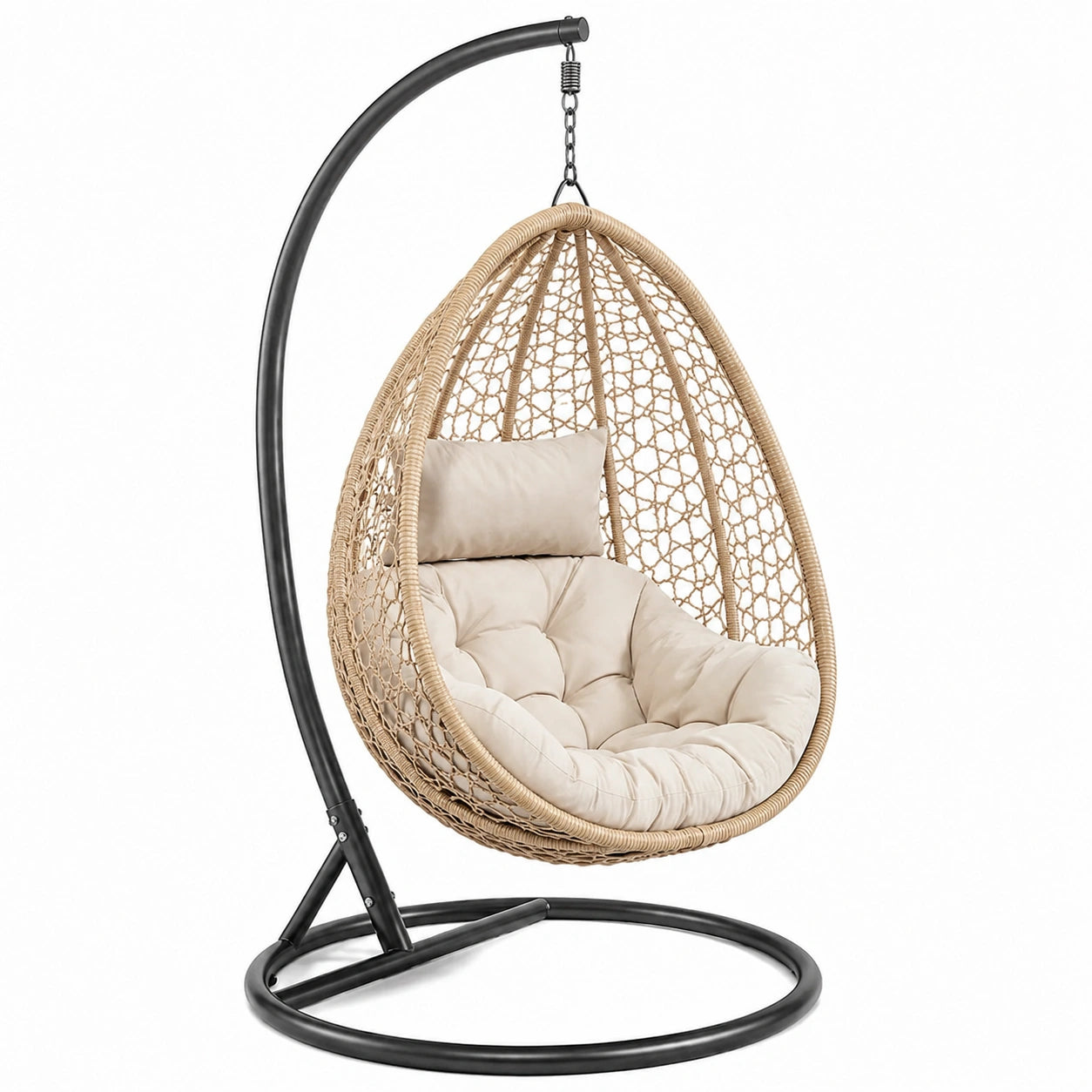 Chaise suspendue en osier avec coussins en polyester beiges et support métallique noir