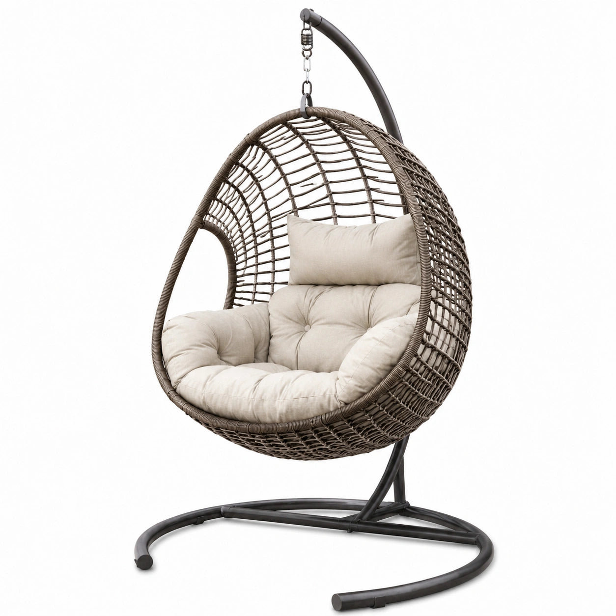 Fauteuil suspendu en rotin avec coussins beige pour usage intérieur et extérieur